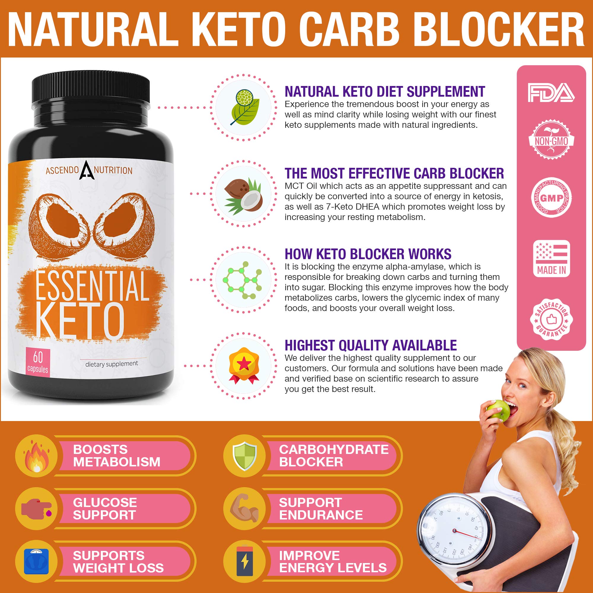 Keto Diet Pills - Advanced Weight Loss Supplement Shark Tank Fat Burner with Coconut MCT Oil, Exogenous BHB Ketones, and 7-Keto DHEA - Appetite Suppressant Carb Blocker for Women and Men - 60 Capsules