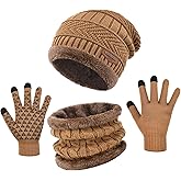 3-Pieces Winter Beanie Hat Gloves Scaef Thick Lined Warm Knit Hat Touch Screen Gloves Neck Warmer Cold Weather Men & Women