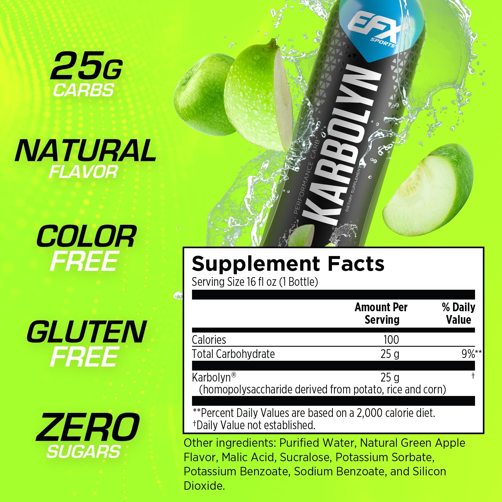 EFX Sports Karbolyn Fuel Drink | Pre, Intra, Post Workout Carbohydrate Drink | Carb Load, Sustained Energy | Stimulant & Sugar Free | 12 Pack (Green Apple)