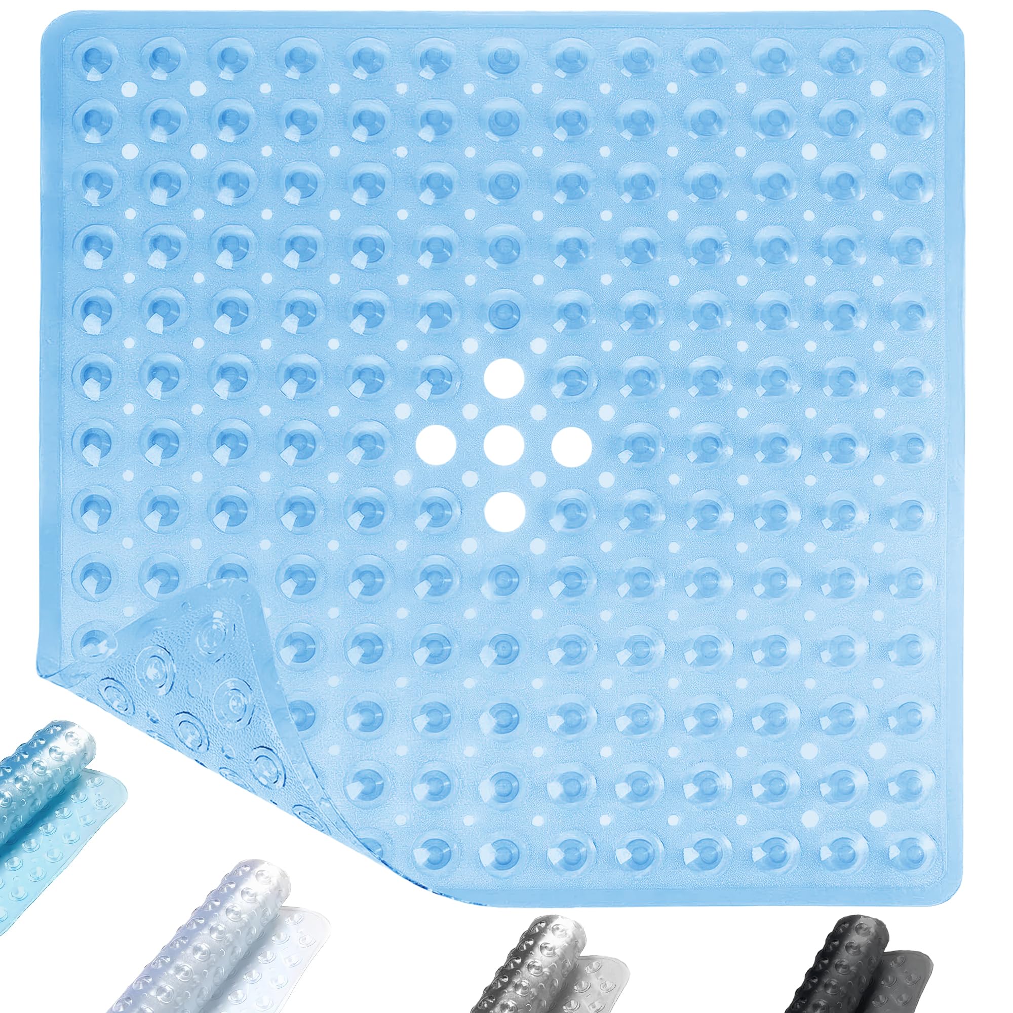 ADOV Shower Mat Non Slip Anti Mould, 53 x 53 cm Square Bath Mat Blue for Inside-Shower, Anti Slip Shower Mats with Strong Suction Cups and Drain Holes, Mildew Resistant, Machine Washable