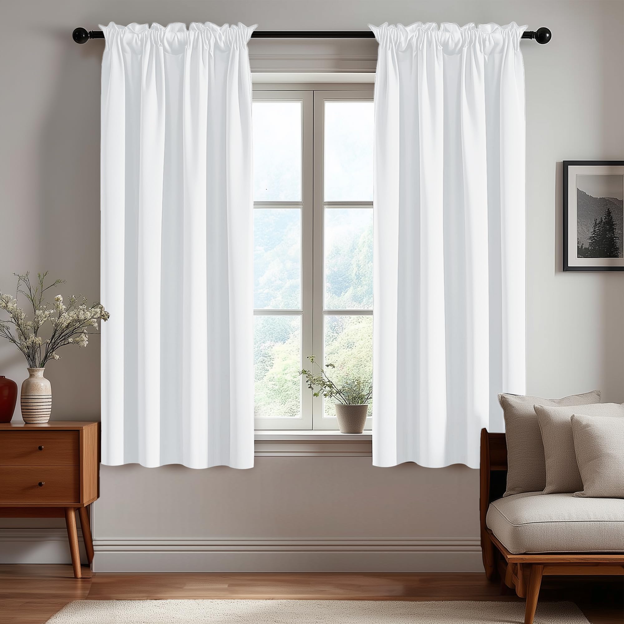 Deconovo Blackout Curtains Panels for Bedroom - Thermal Insulated Rod Pocket Room Darkening Drapes, Noise-Reducing Curtains, 52W x 63L Inch, Pure White, 2 Panels Image