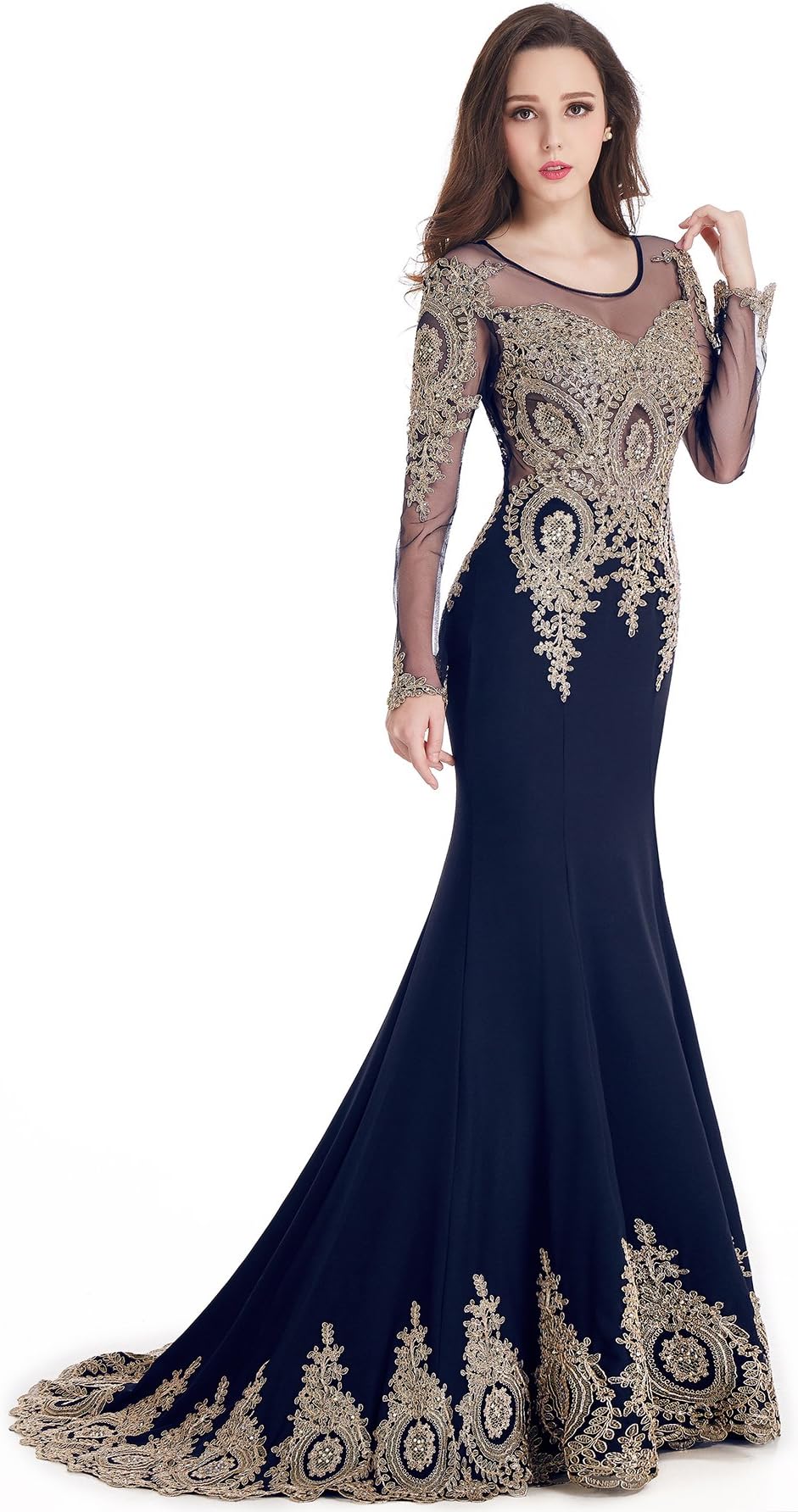 Babyonline Trumpet Long Evening Dress Lace Beads Cap Sleeve Party Prom Gowns