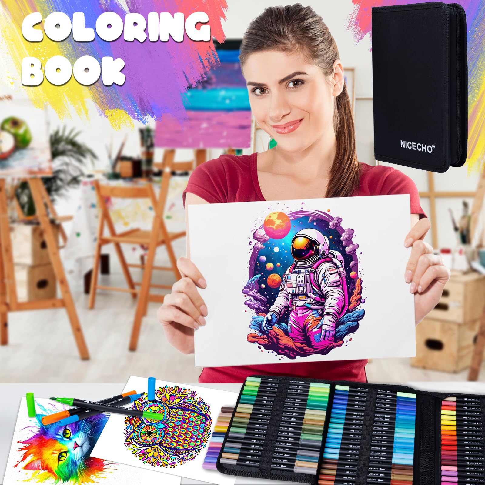 Nicecho 72 Colors Dual Tip Art Markers Pens for Adult Coloring Books, Brush and Fine Tip Coloring Marker for Drawing Journaling Note Taking Lettering