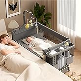 Trimigo 4-in-1 Portable Baby Crib: Bedside Bassinet, Playard (Pack and Play) with Diaper Changer, Rotating Musical Toy Rack and Travel Bag, Folding Travel Crib for Newborn to Toddler (Ivy Gray)