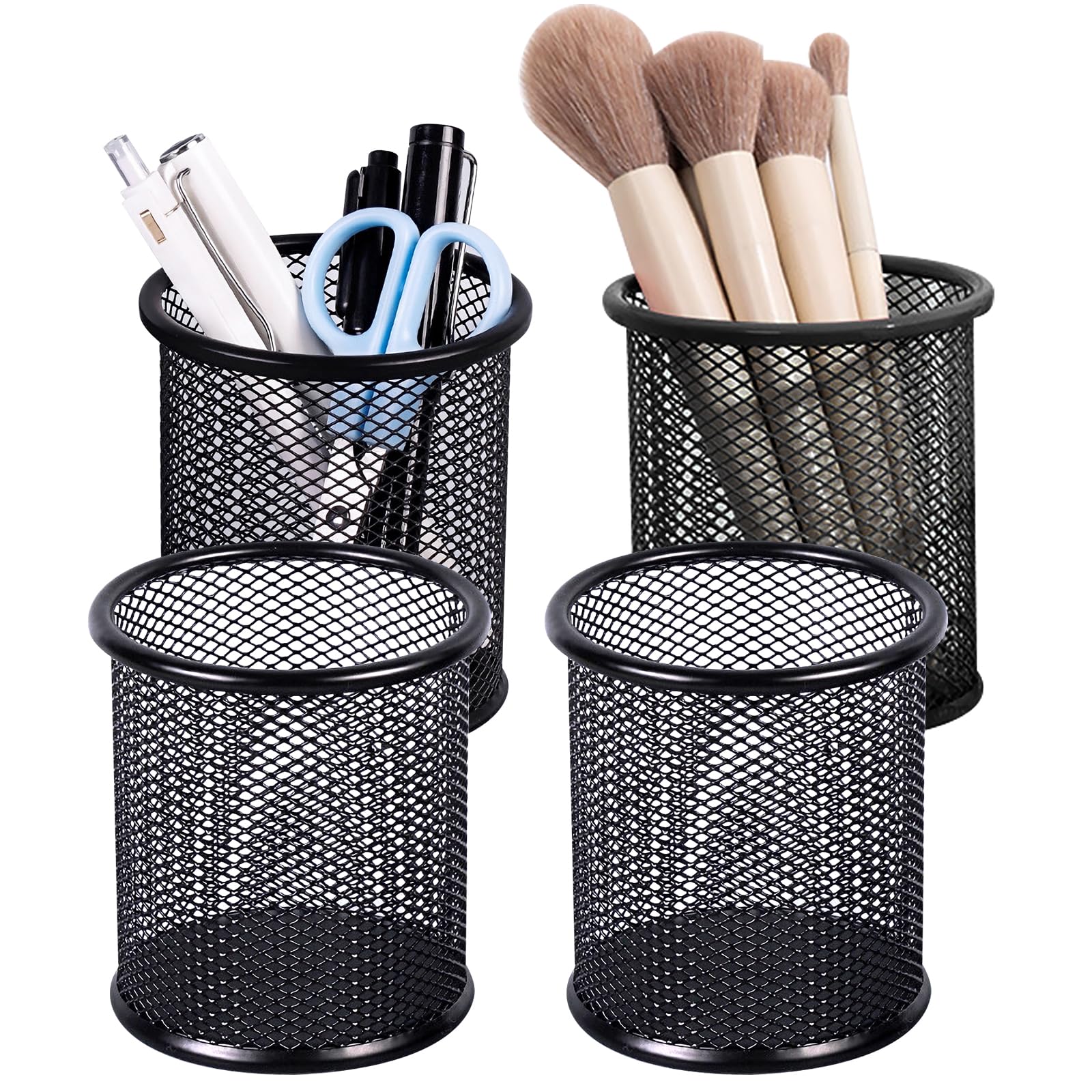 Marte Vanci Metal Pen Holder, 4 Pack Mesh Pen Pots for Desk, Sturdy Pencil Cup Stationery Makeup Brush Organiser for School Home Office Desktop Accessories & Storage Black