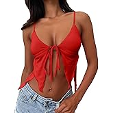 VASAUGE Women Sexy Deep V Neck Tie Front Y2k Crop Tops Backless Spaghetti Strap Cami Top