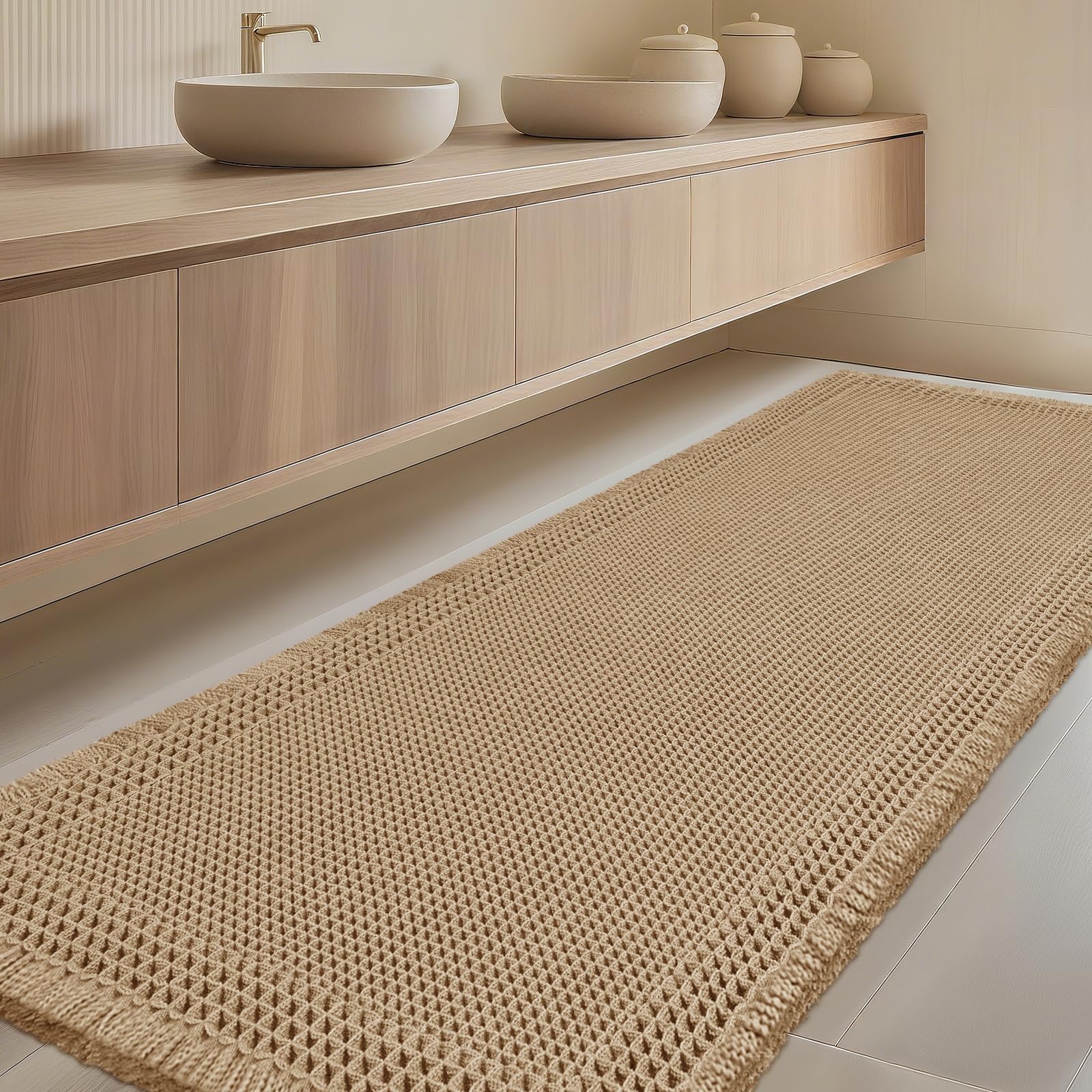 Photo 1 of Extra Large Waffle Bath Mat, Boho Woven Modern Bath Rug Absorbent Non Slip, Ultra Soft Bathroom Mats, Machine Washable Knit Bath Rugs with Border for Bathroom, Bedroom, Kitchen, Tub, 5'x2', Beige