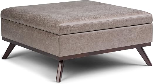 Amazon Com Simpli Home Owen 36 Inch Wide Square Coffee Table Lift Top Storage Ottoman Cocktail Footrest Stool In Upholstered Distressed Grey Taupe Faux Air Leather Mid Century Modern Living Room Furniture
