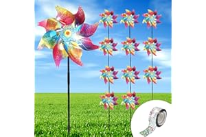 YORR Pinwheels for Yard and Garden, 12Pack Reflective Pinwheels to Scare Birds Away, Sparkly Colorful Pin Wheels with Bird Scare Tape for Lawn, Patio(Pack of 12)
