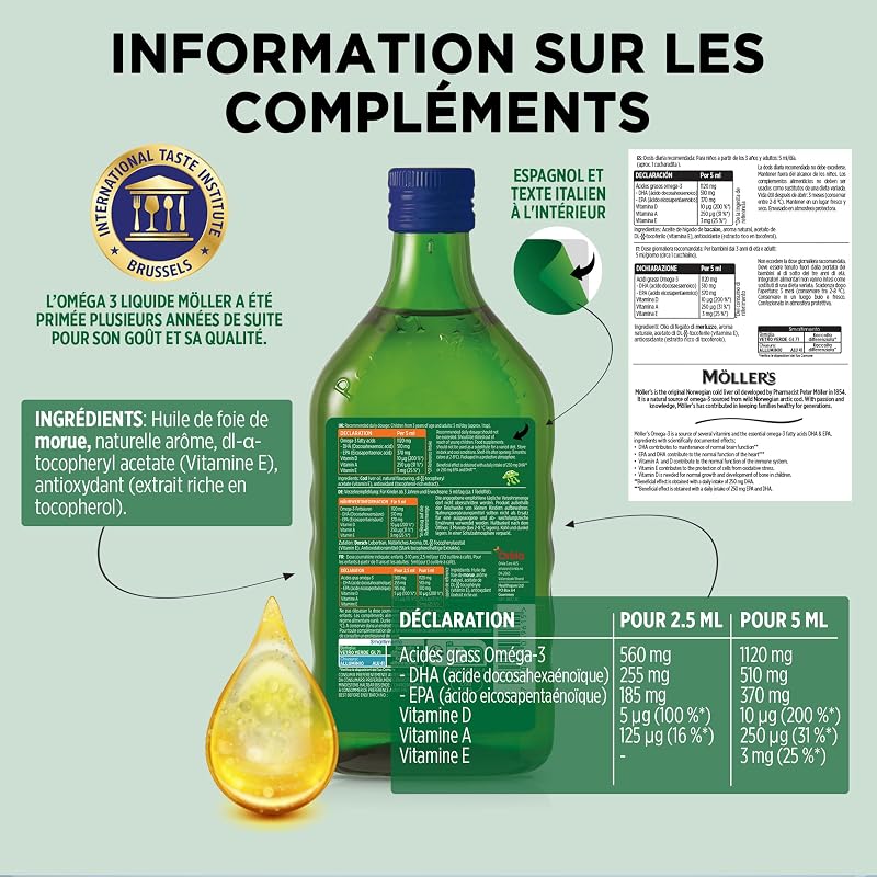 Moller’s ® | Huile de foie de morue enfant oméga 3 | Compléments alimentaires oméga-3 avec EPA, DHA, vitamines A, D et E | Prix Superior Taste | Marque vieille de 166 ans | Tutti Frutti | 500 ml — photo 3 sur 8