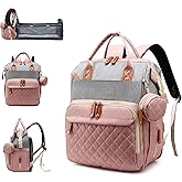 Lamroro Diaper Bag with Changing Station, Waterproof 3 in 1 Baby Diaper Backpack with Foldable Changing Pad, Pink-Grey