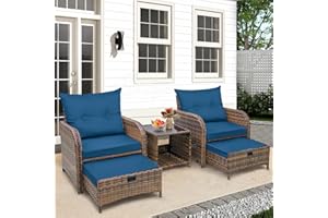 FYRICKYLINOO 5 Pieces PE Wicker Outdoor Chairs with Ottomans, 5 PCS Rattan Patio Furniture Set with Ottoman, Patio Chairs with Ottomans for Porch Balcony Sunroom, Blue Cushion