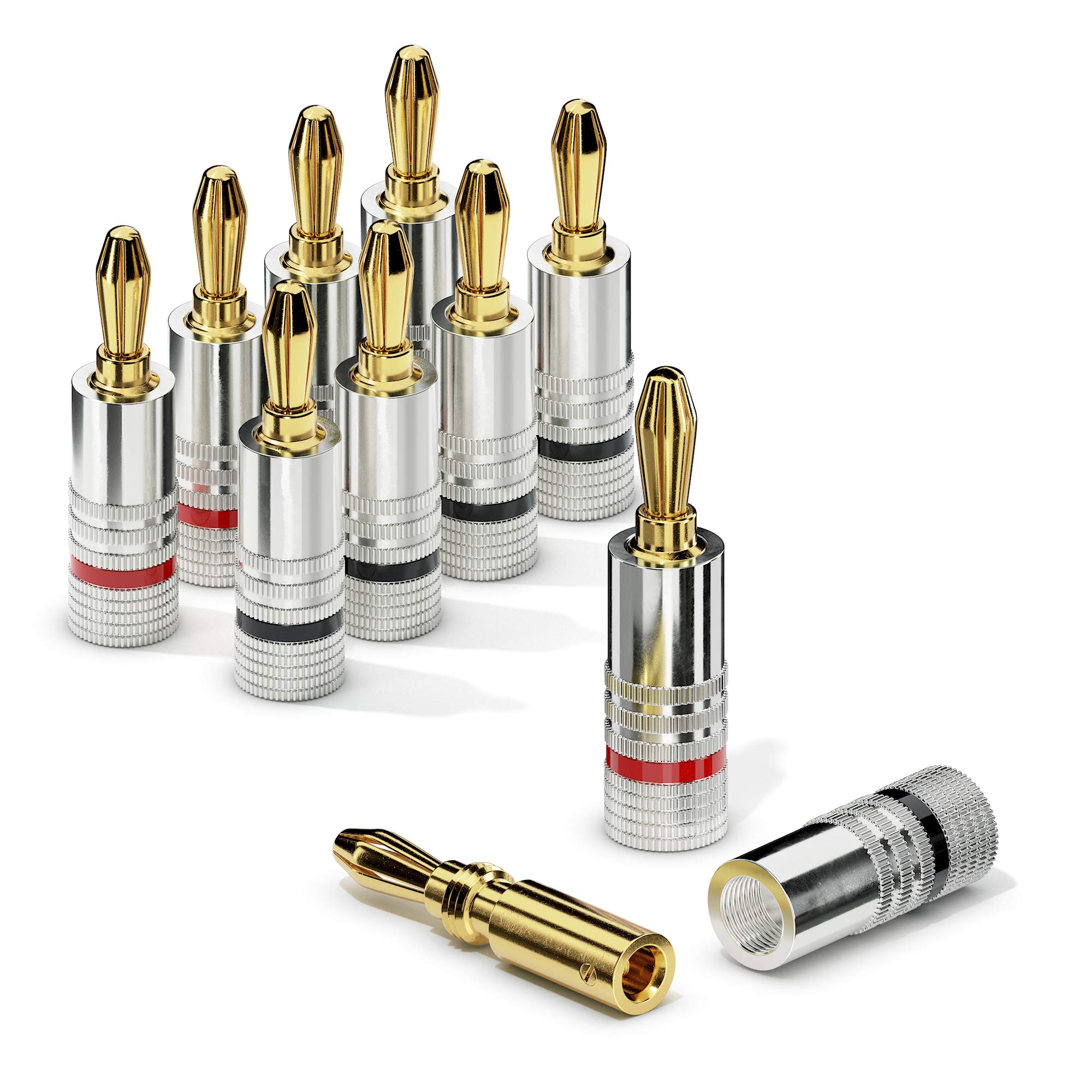 Sonero® Set of 8 banana plugs, for all speaker cables with a diameter of up to 6 mm², 8 pieces with colour coding (12 x red, 12 x black), 24 carat gold-plated