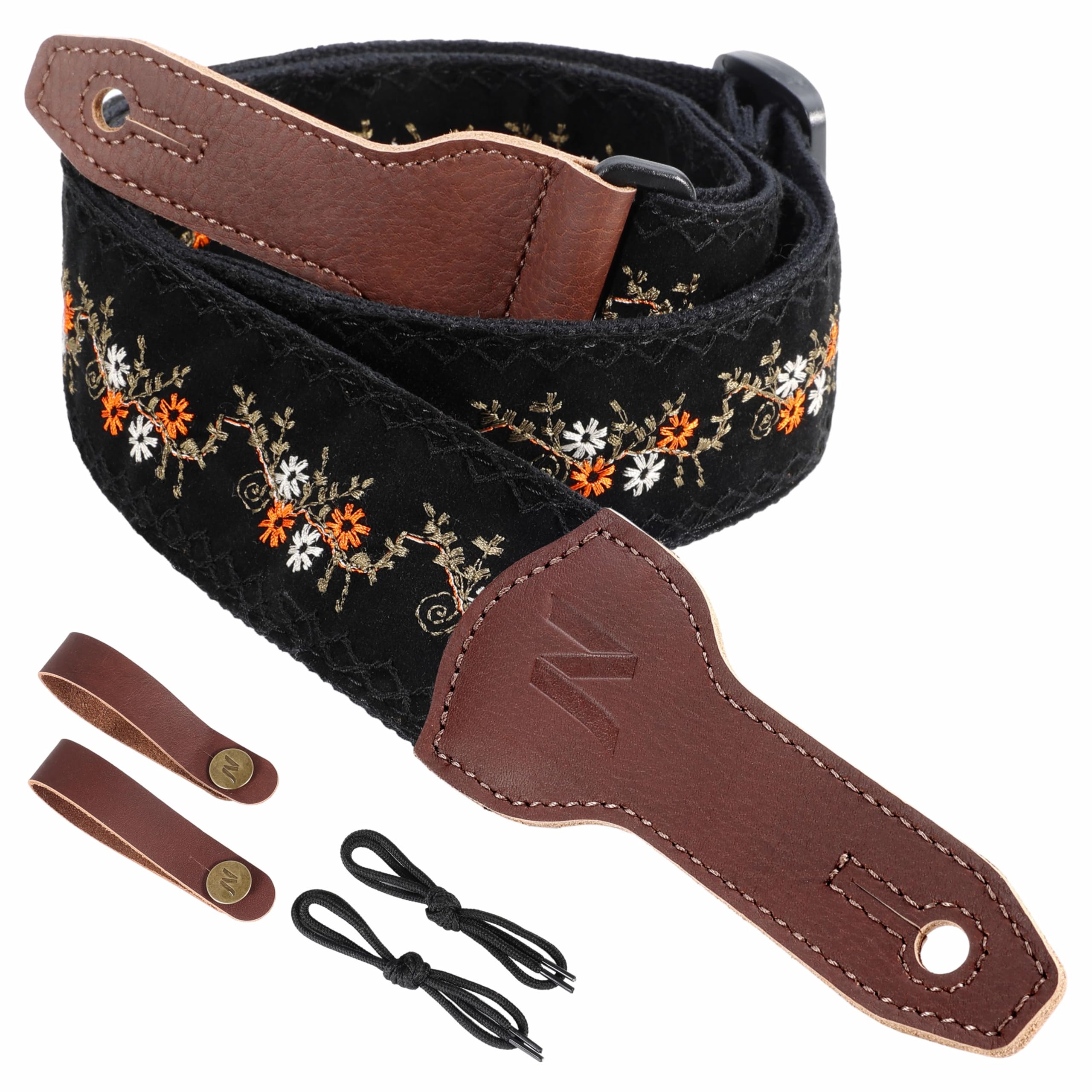 Nefelibata Banjo Strap, 2"Wide Full Grain Cowhide Guitar Strap Adjustable Replacement,Multi-pattern Guitar Strap With Headstock Rope and Leather Headband(Small Flower Embroidery)