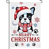 12 x 18 Inches Merry Christmas Dog Garden Flag Decorations - Double-Sided Cute French Dog with Santa Hat and Scarf Yard Flag Indoor Outdoor Winter Holiday Décor for Porch Patio Lawn Party Supplies