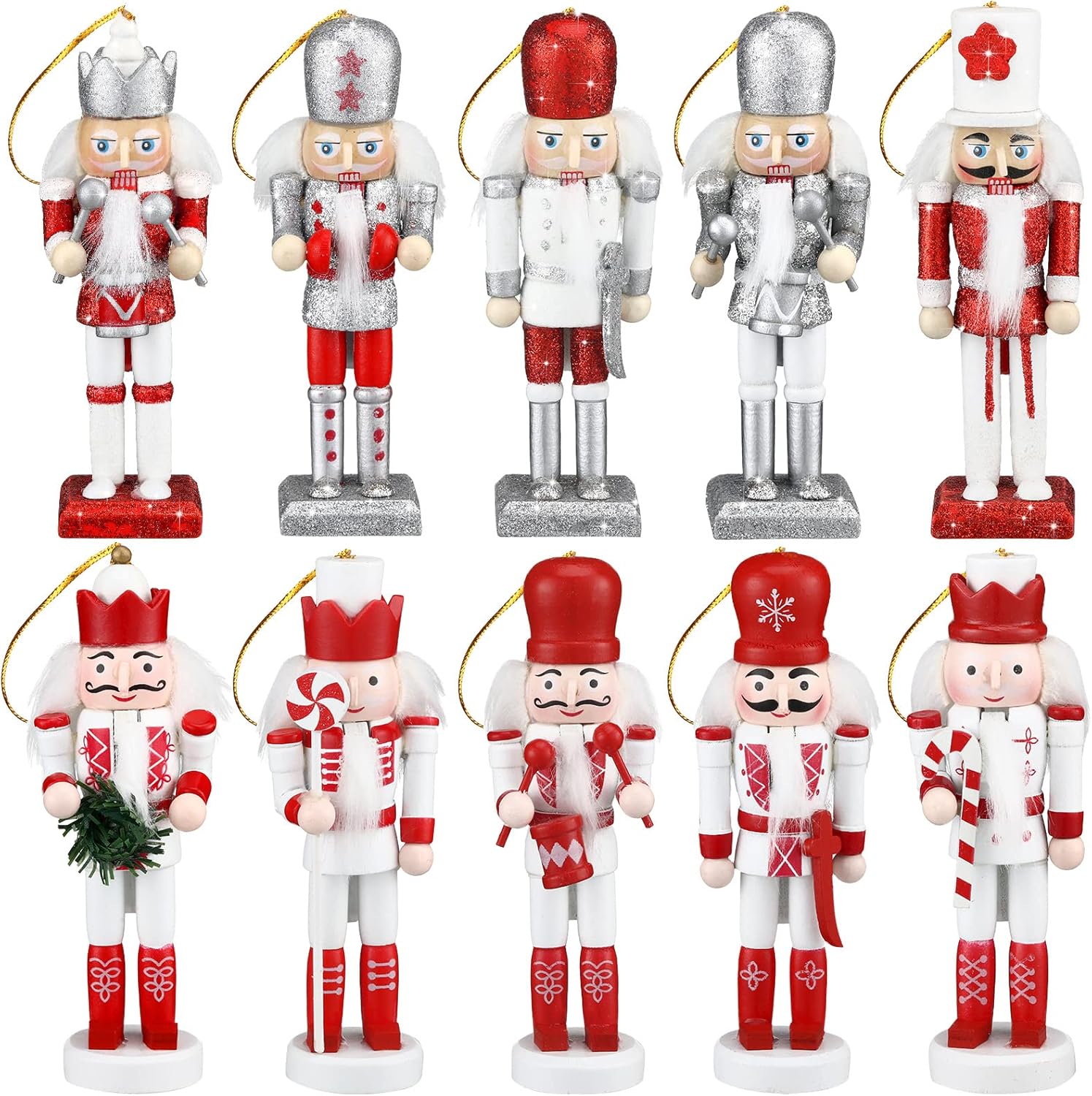 Nutcrackers - 10 Pcs Christmas Nutcracker Ornaments Wooden Nutcracker Hanging Decorations 5 Inch Tall Nutcracker Figures Nutcracker Christmas Decorations Nutcracker Soldiers for Figures Puppet Toy (Red Series)