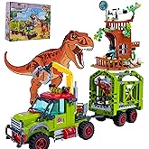 Jurassic T-Rex and Triceratops Capture Truck with Tree Observatory, 517PCS | Compatible with LEGO. Creative dinosaur STEM building set; gift for kids and adults, especially boys ages 8+