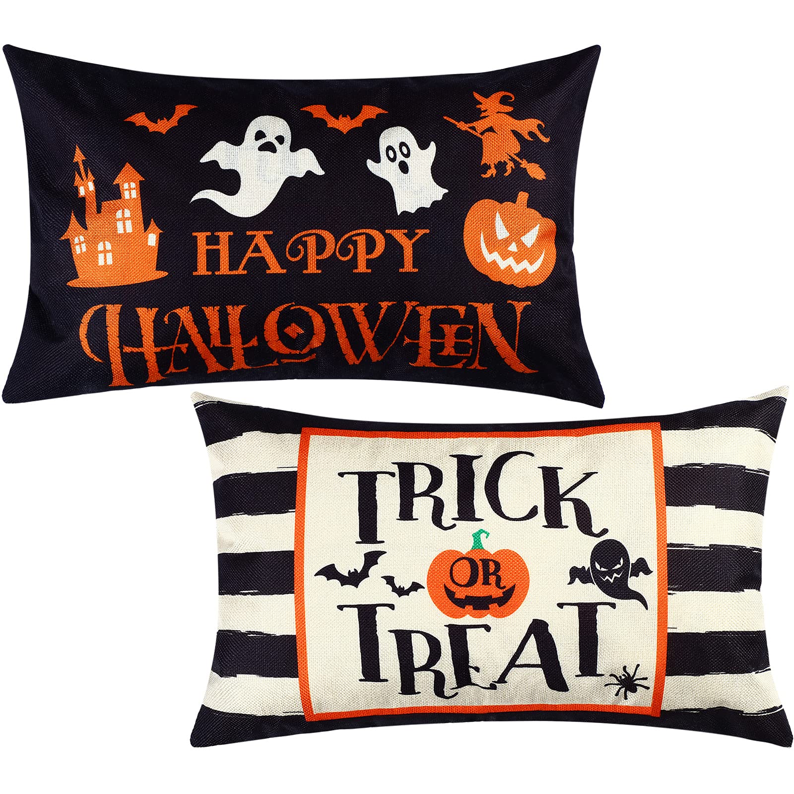 Photo 1 of 2 Pieces Happy Halloween Pillow Covers 12 x 20 Inch Ghost Jack-o'-Lantern Bat Cushion Cover Rectangular Halloween Throw Pillow Case Decoration for Bed Sofa Home