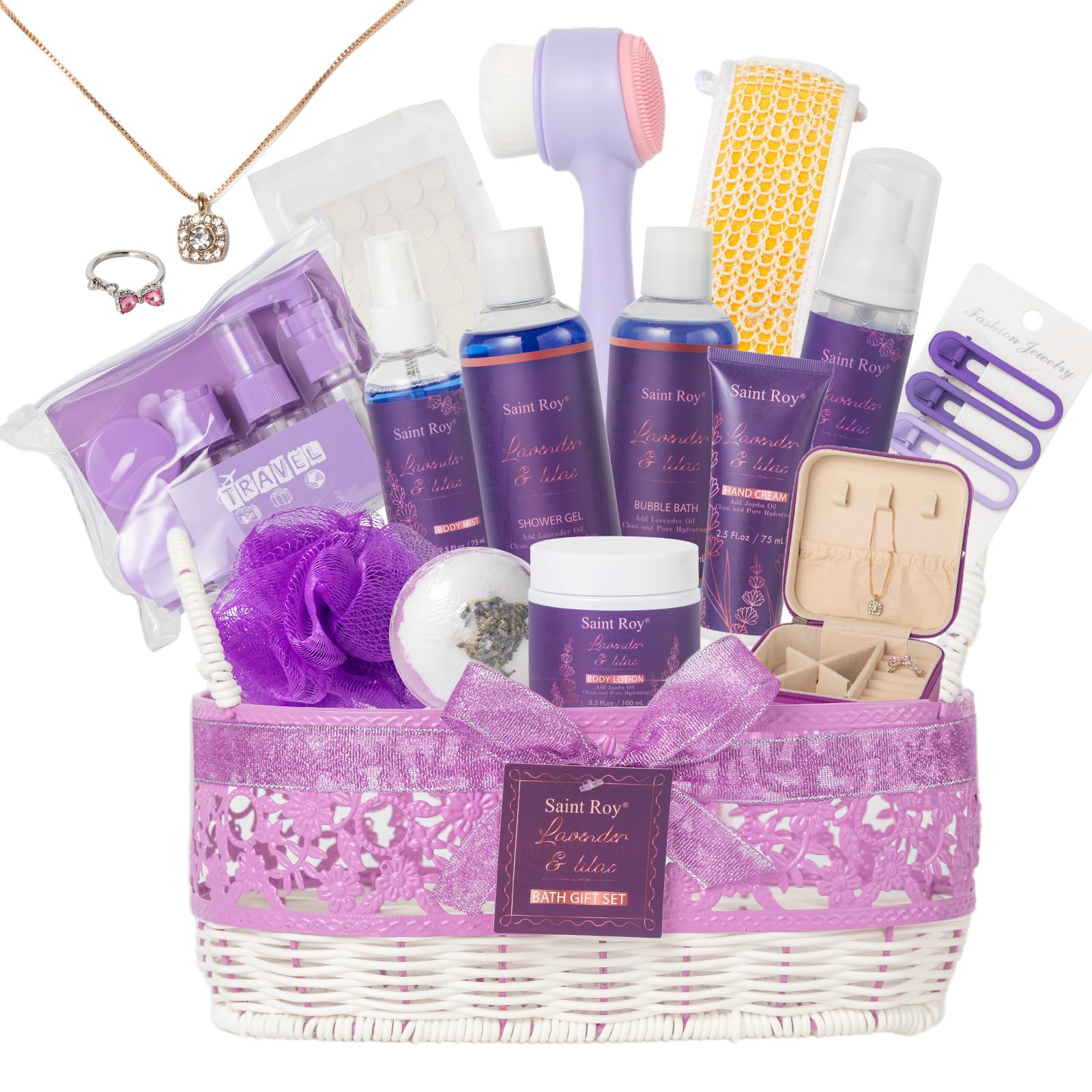 22 Pcs Bath and Body Gift Set - Spa Gift Baskets for Women Valentines Day Gifts, Spa Kit Lavender and Jasmine Scented, Birthday Gift Basket, Bath Gift Basket For Women, Luxury Bath Gift Set Home Spa Image