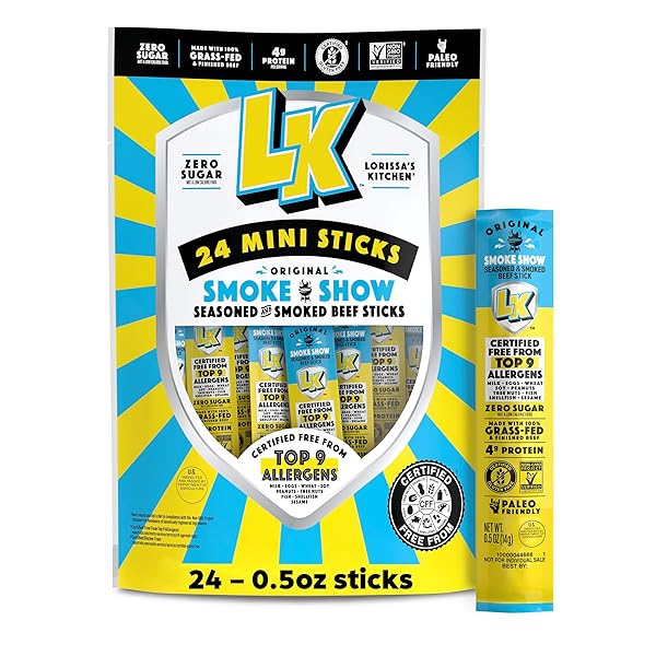 LORISSA’S KITCHEN BEEF JERKY MINI STICKS, PREMIUM GRASS FED & FINISHED, ORIGINAL SMOKE SHOW FLAVOR – 4G PROTEIN, ON THE GO SNACKS, FREE FROM TOP 9 ALLERGENS, NON-GMO, GLUTEN-FREE, 0.5 OZ (24 COUNT)