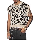 WDIRARA Men's Leopard Sweater Vests Distressed Crew Neck Cap Sleeve Knit Tops