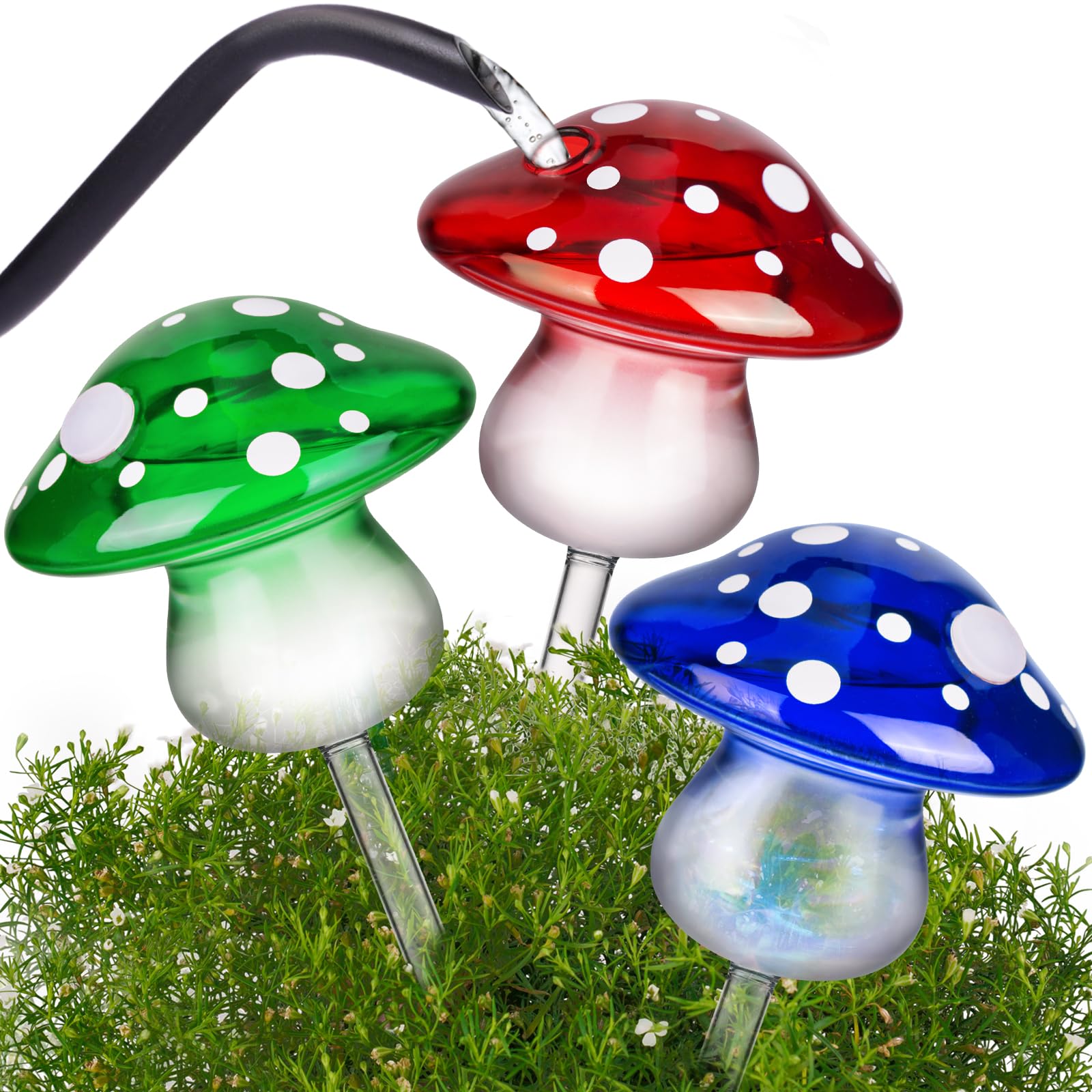 NiHome Glass Mushroom Plant Self Watering Globe Set of 3 Colors, Durable Hand-Blown Glass Bulbs Automatic Home Plant Hydration System for up to 3 Weeks, Easy Refill Design with Adjustable Flow Rate