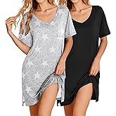 Ekouaer 2 Pack Nightgowns for Women Short Sleeve Sleepshirt V Neck Nightshirt Casual Print Sleepwear