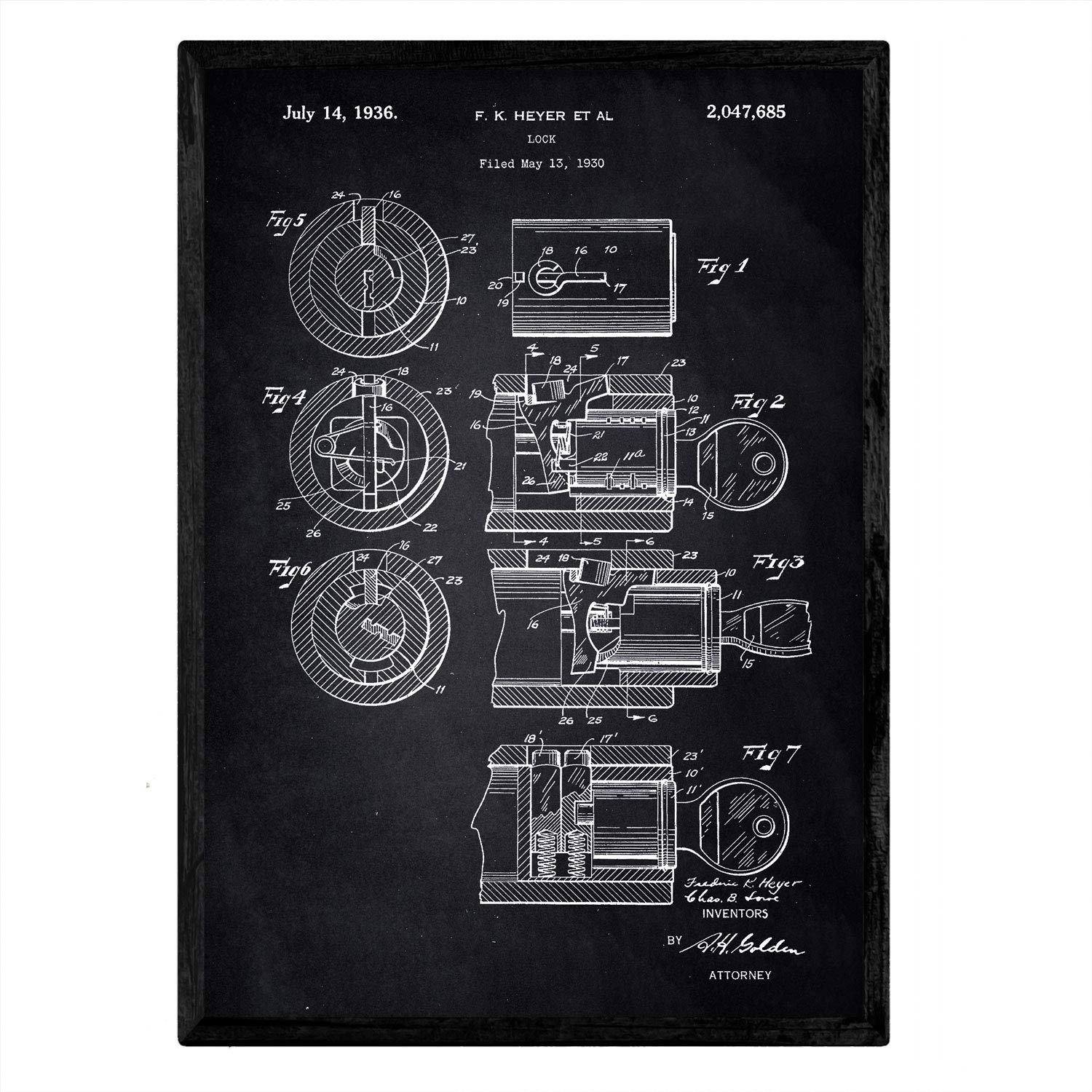 Nacnic Poster patent Lock. Sheet with old design patent A3 size with black background — image 1