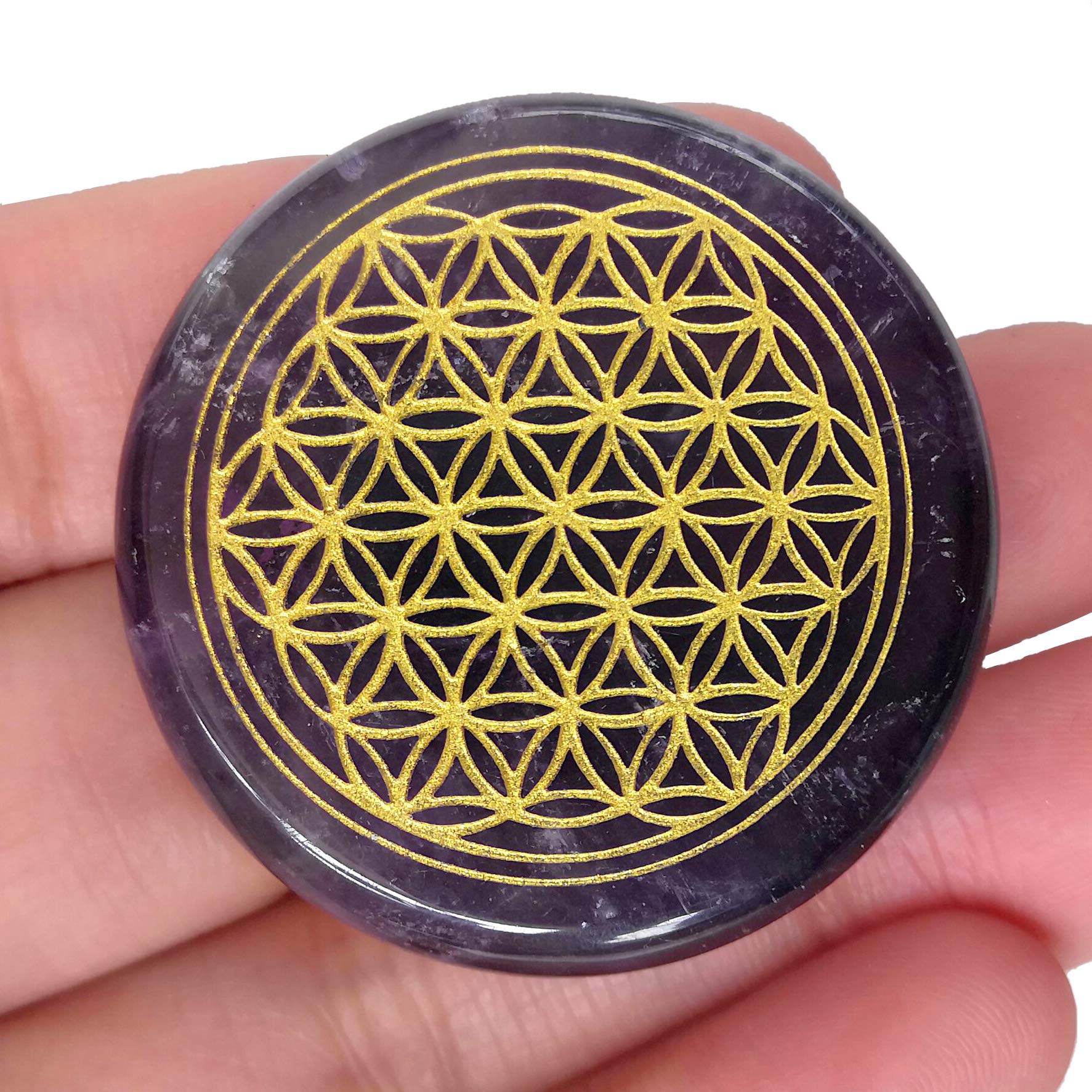 Loveliome Natural Amethyst Flower of Life Engraved Healing Crystal Chakra Balancing and Positive Energy Generator Palm Pocket Stone
