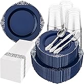 Hioasis 350pcs Blue and Silver Plates - Blue Party Plates for 50 Guest, Include 100 Heavy-duty Plates(20% Thicker Than Standard), 150 Cutlery Set, 50 Napkin, 50 Cups