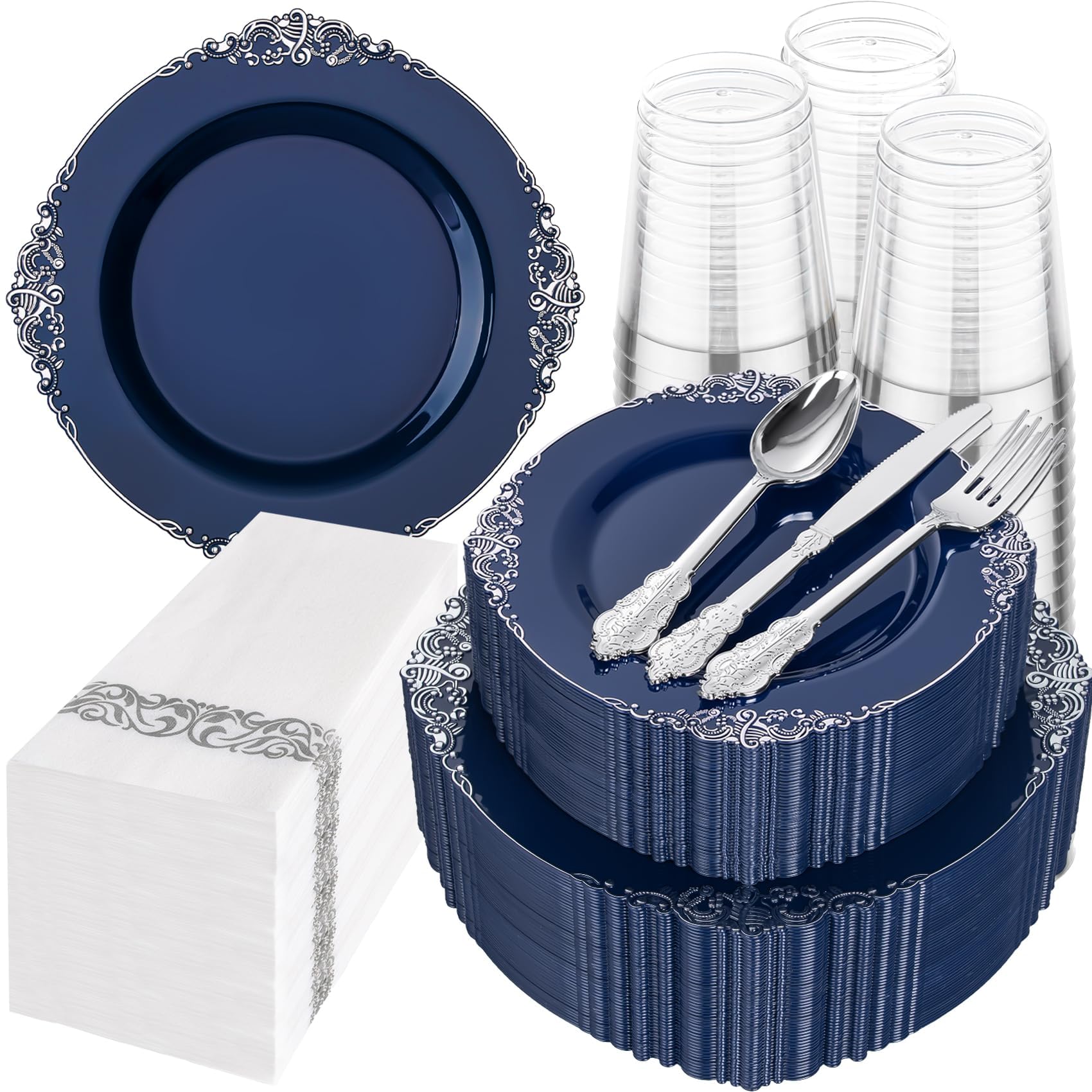 Photo 1 of Hioasis 350pcs Blue and Silver Plates - Blue Party Plates for 50 Guest, Include 100 Heavy-duty Plates(20% Thicker Than Standard), 150 Cutlery Set, 50 Napkin, 50 Cups