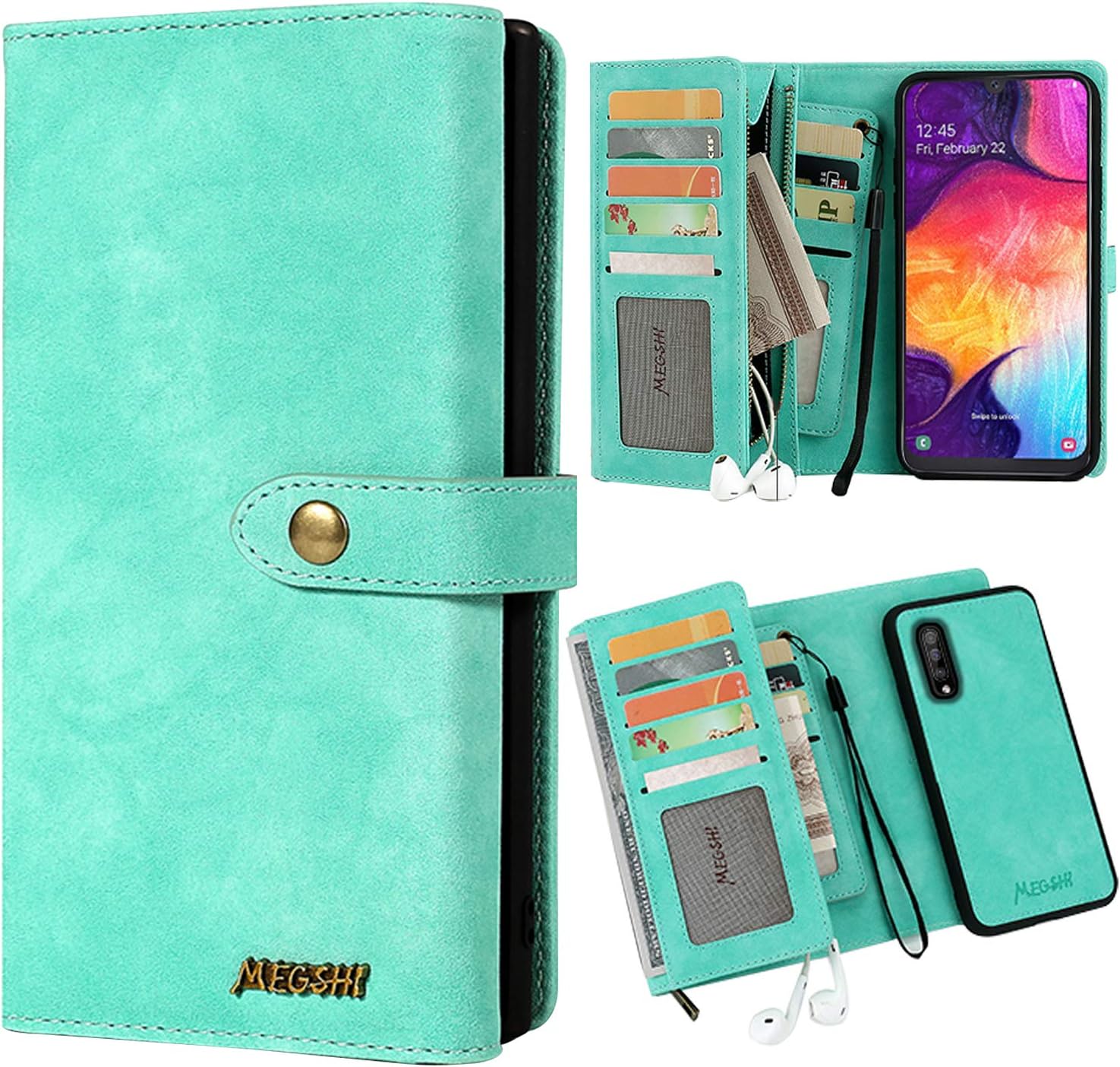 Samsung A20S Leather Wallet case, HATA Samsung A20S Detachable Magnetic Zipper Flip Wallet Case Removable Front Pocket 10 Card Slot Holder Purse Clutch Cover for Man Women (Blue)