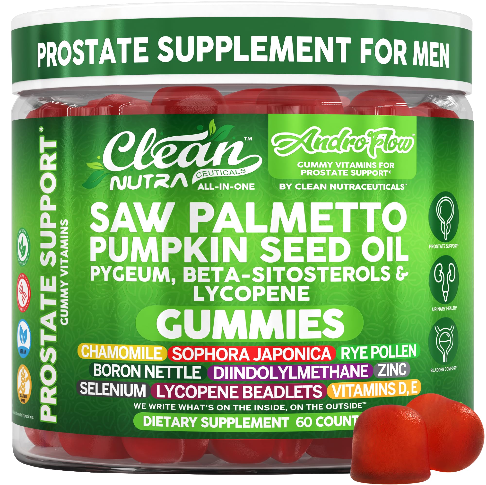Photo 1 of **DIRTY PACKAGING**  AndroFlow Saw Palmetto and Pumpkin Seed Oil Prostate Health Supplements for Men Pygeum Beta Sitosterol Lycopene Boron Zinc Selenium DIM Stinging Nettle Vitamin D, 60 Gummy Supplements by Clean Nutra PACKAGING MAY VARY