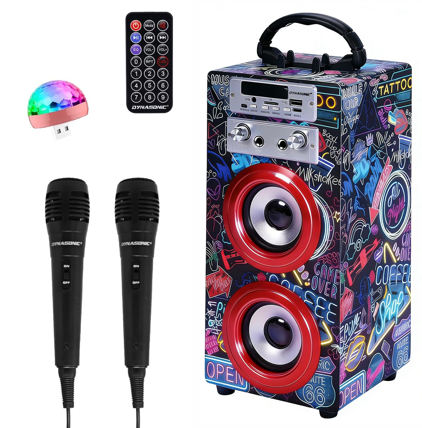 DYNASONIC Karaoke Machine with 2 Microphones, Portable Bluetooth Speaker with Lights, USB and SD Reader, Gift for Children (Model 21 lights)