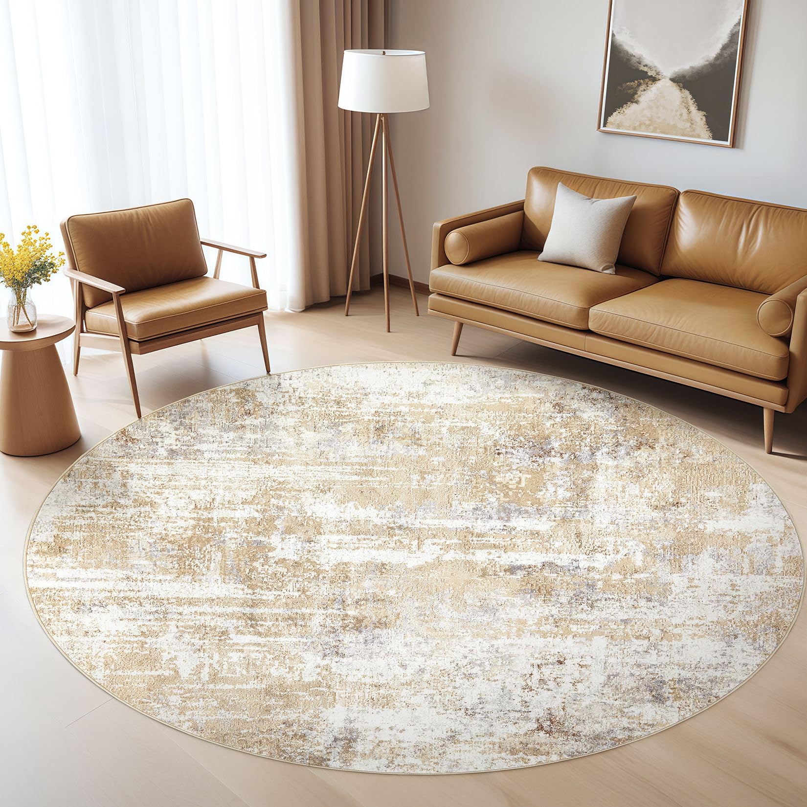 Round Rug Living Room Rugs: 6Ft Washable Circle Large Abstract Modern Soft Stain Resistant Non Slip Indoor Floor Carpet for Bedroom Nursery Office Dining Room Dorm Home House Decor- Gray Gold Image