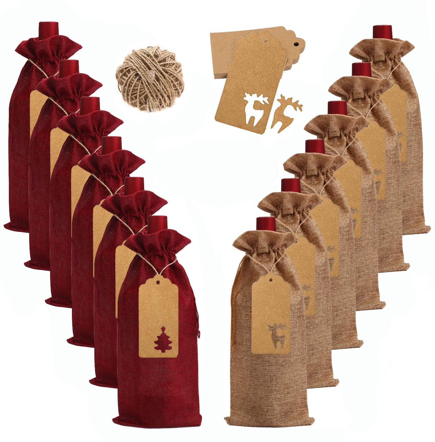 Fantasyon 12 Pcs Burlap Wine Gift Bags, Natural Jute Wine Bottles Gift Bags with Drawstring Tags for Wedding Christmas Party