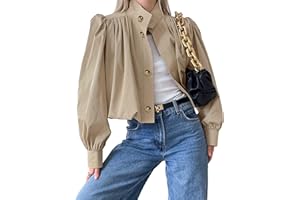 Gaicabi Female Cropped Pleated Jacket Puff Long Sleeve Button Down Trench Coat Casual Outwear Khaki L