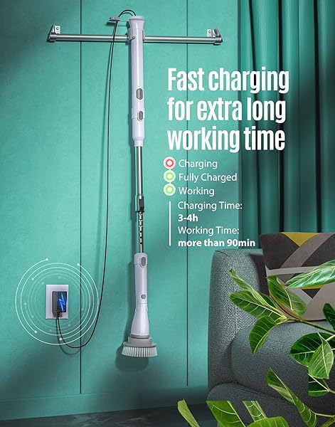 LYRIFINE ELECTRIC SPIN SCRUBBER, ELECTRIC CLEANING BRUSHES WITH EXTENDABLE HANDLE AND 4 REPLACEABLE BRUSH HEADS, ELECTRIC SCRUBBER WITH 1.5 HRS LONG WORKTIME FOR SHOWER BATHROOM TUB TILE FLOOR,WHITE