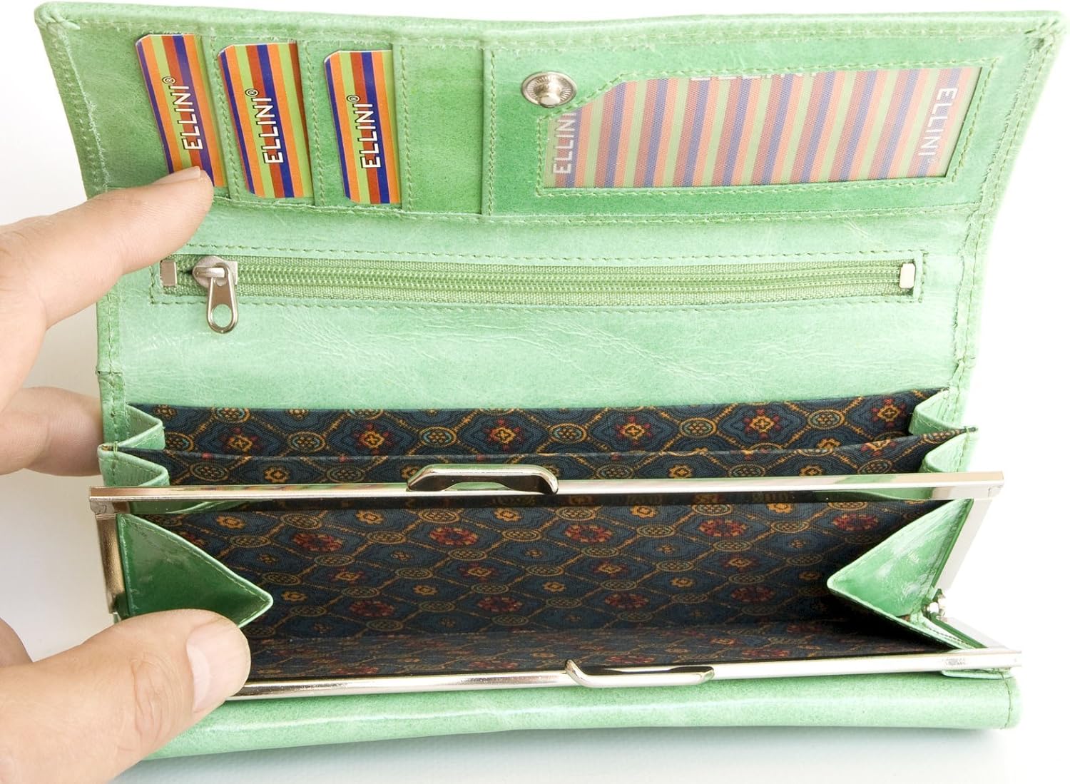Ellini Women's Light Green Glossy Foiled Genuine Leather Wallet - Image 3
