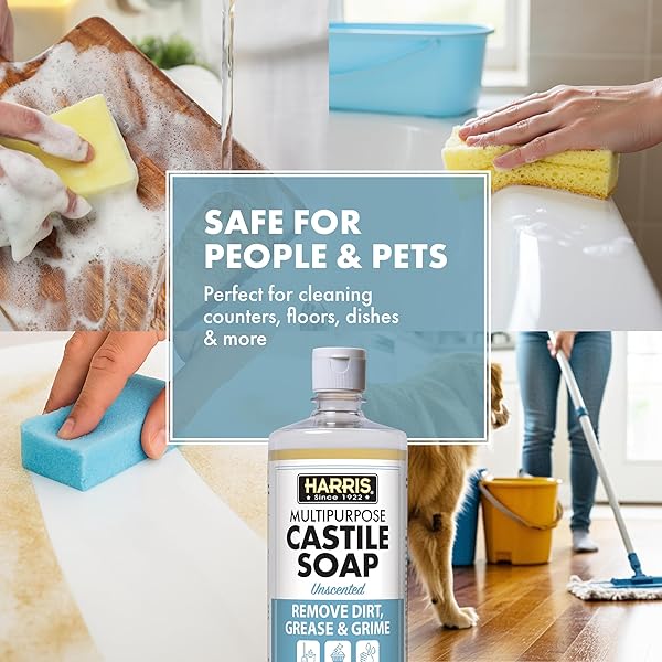 HARRIS MULTI-PURPOSE PURE LIQUID CASTILE SOAP FOR HOME CLEANING, MULTI-PURPOSE CLEANER, FOR DISH SOAP, LAUNDRY DETERGENT, KITCHEN AND BATHROOM SURFACES, KIDS ROOMS, UNSCENTED, 32 OZ