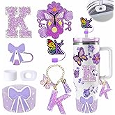 15PCS Cup Accessories Set for Stanley Cup 30oz 40oz Tumbler with Handle, Including Silicone Straw Cover and Boot, Handle Charm,Stanley Charms, Initials Sticker,Spill Proof Stopper (K, Purple)