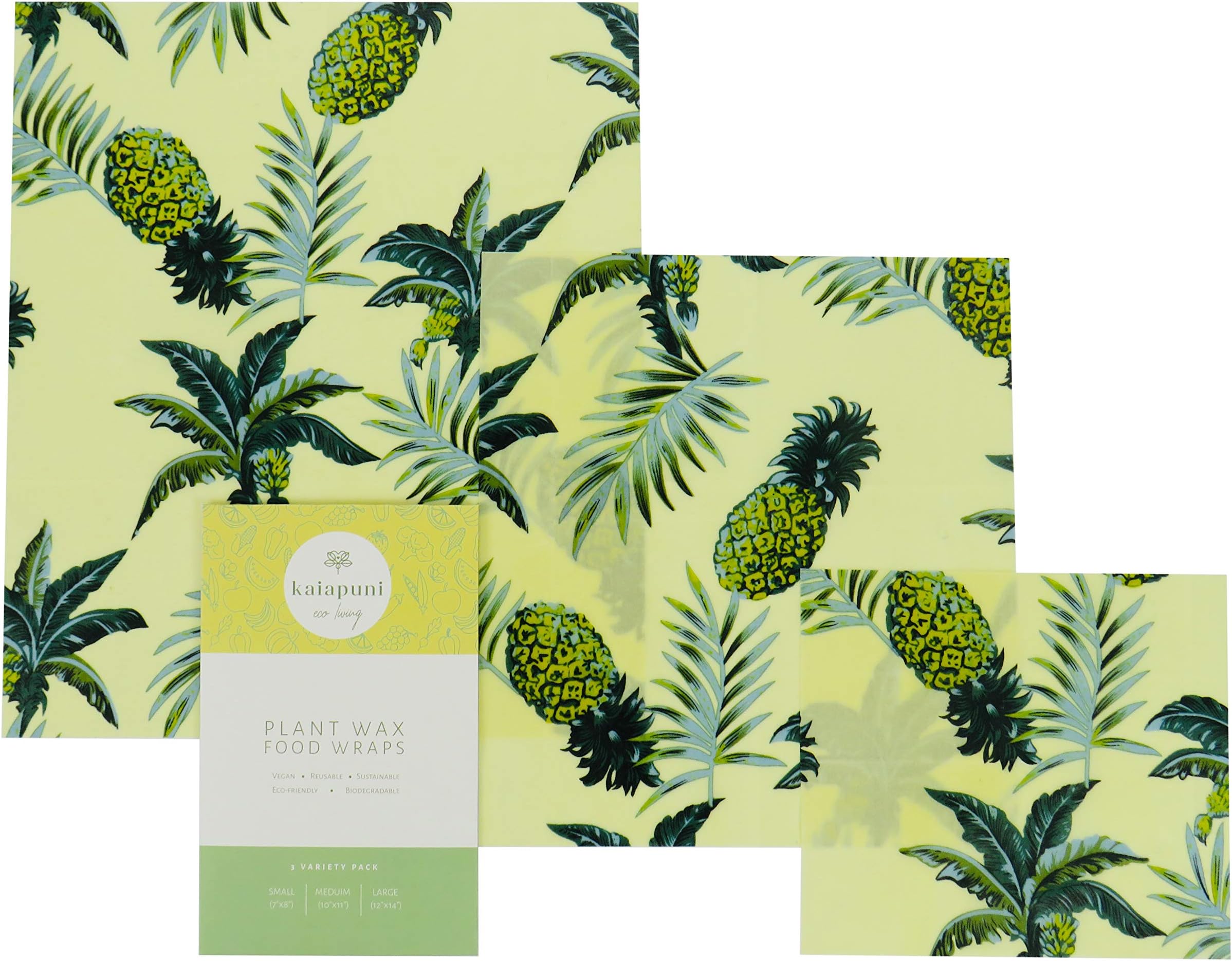 Vegan Reusable Wax Food wrap - NO Beeswax - Cling Film Alternative - Waxed Paper for Food - The Perfect eco Friendly Gift - Organic Cotton - Set of 3 - Pineapple Print - Sustainable - Zero Waste