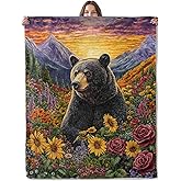 Lugiu Bear Blanket, Lightweight Comfy Sunset Mountain and Wildflower Throw for Couch Sofa Bedroom, Soft Cozy Travel Flannel Nature Cute Blankets Gifts for Women Girls Kids, Home Decor 60×50in