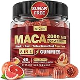 Maca Root Filled Gummies 2000mg for Women Men | Sugar Free | Organic Black, Red, Yellow Maca Root Supplement Gummy Chews with Ashwagandha Ginseng & Zinc | Vegan, Non-GMO, Grapefruit Flavor, 60 Count