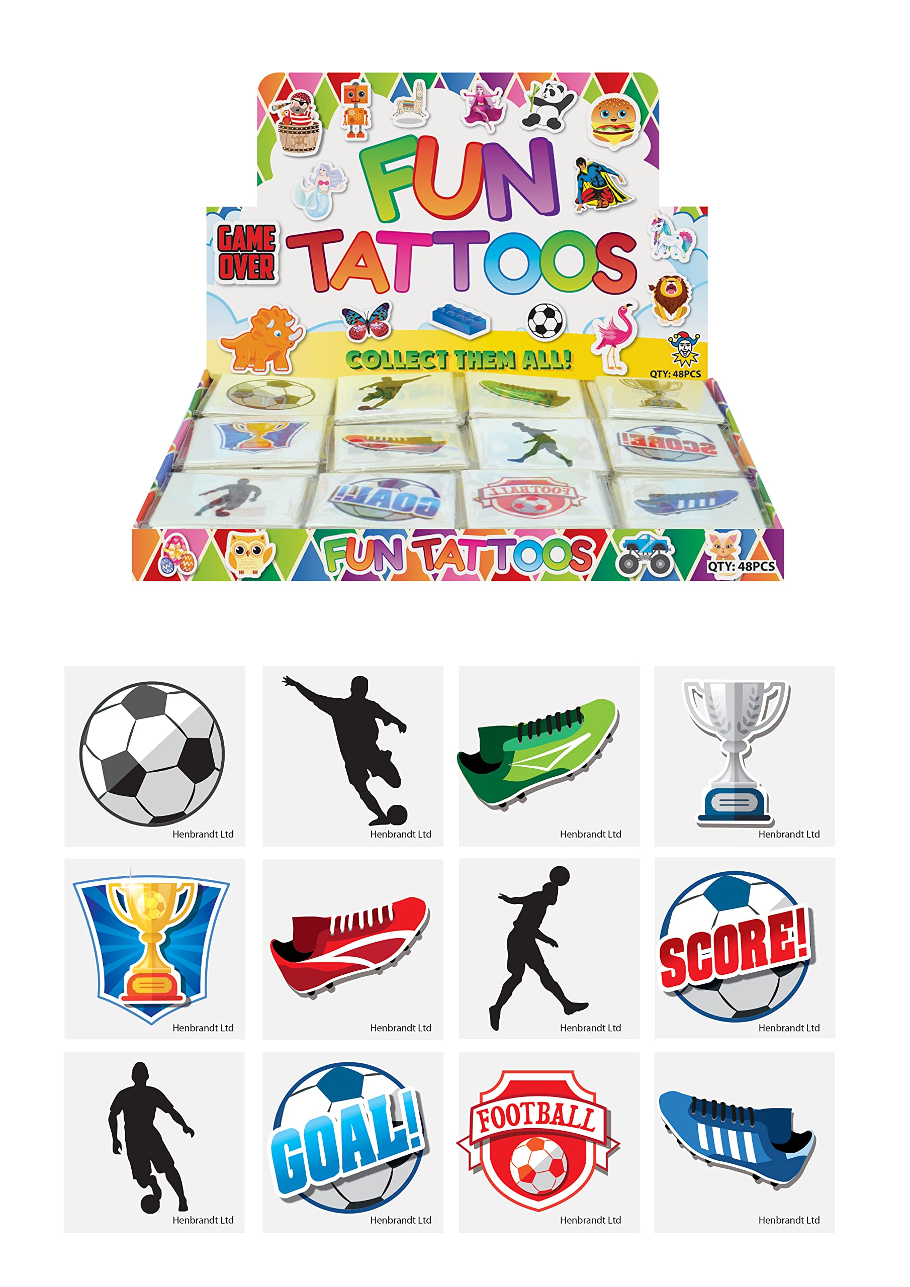 Henbrandt 12x Mini Football Temporary Tattoos for Children 12pc Pack Kids Party Bag Favours Loot Bag Fillers Lucky Dip Soccer Football World Cup Favours for Boys and Girls