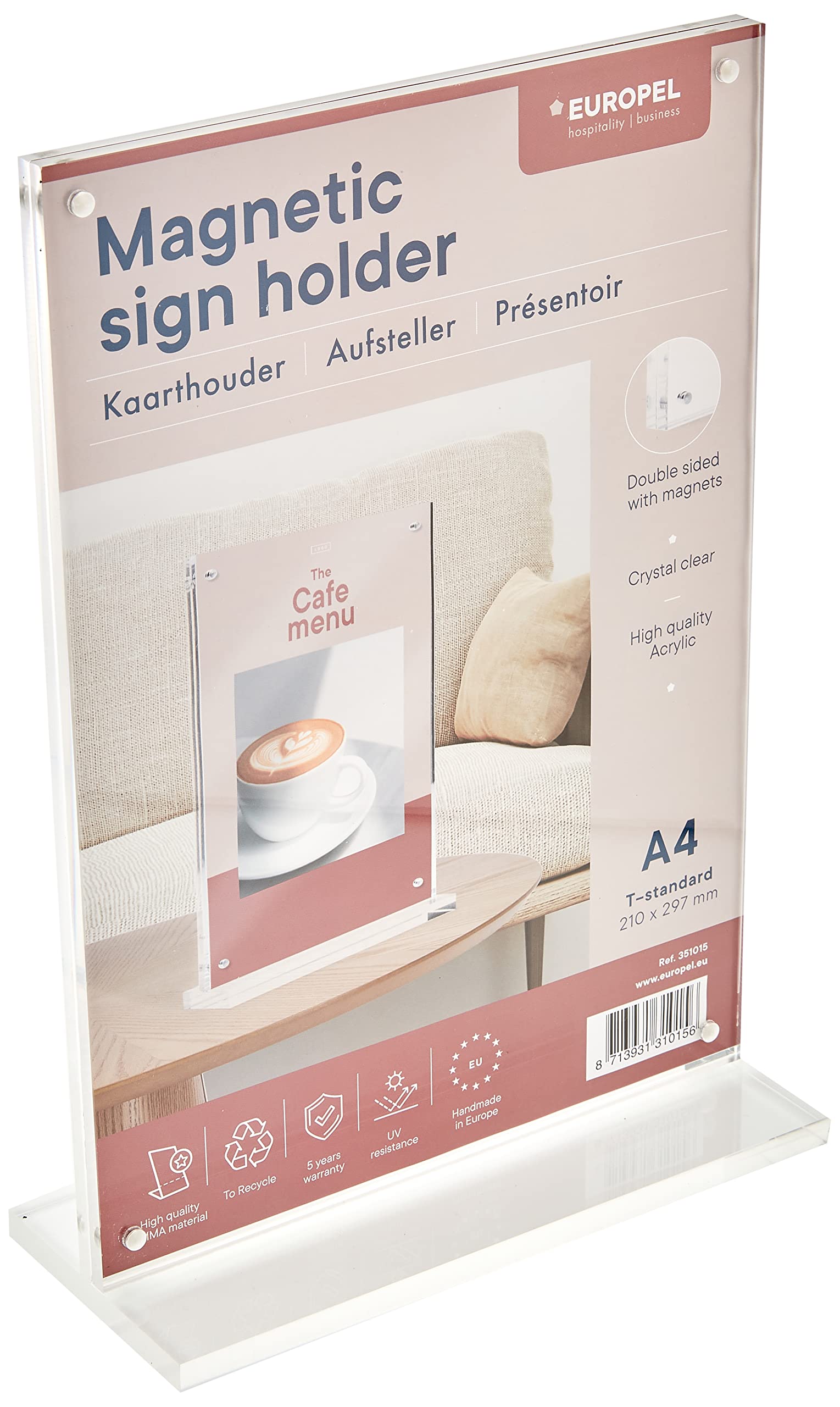 EUROPEL Luxe Magnetic Sign Holder, T-Standard, A4 Size Portrait, Acrylic as clear as glass, Menu & Leaflet Display Holder for Restaurants, Hotels, Conference & Reception – Free Standing & Double sided — image 1
