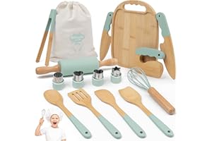 BITICOLOR Wooden Kids Cooking Set Montessori Kit - Real Toddler Kitchen Tools & Baking Utensils - 15PCS Cooking Kit for Kids with Storage Bag, Great Gift for Pretend Play & Montessori Learning (Green)