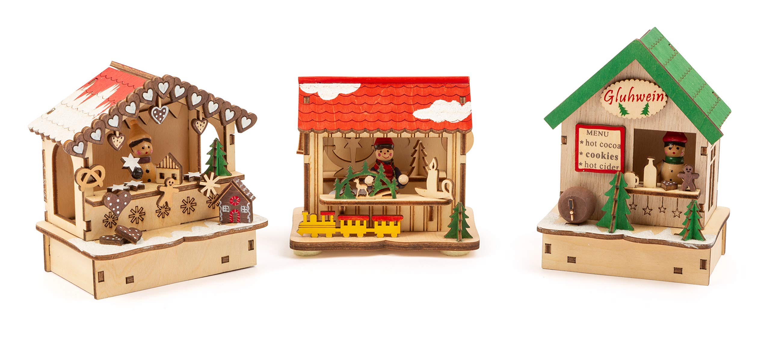 Small Foot 11390 Christmas Market Lamps Set, Made of Wood, Three Wooden Huts with Lights