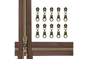 Zynzaoacs #5 Zipper by The Yard with Pulls, Continuous Brown Tape (5Yds) and Rust-Proof Antique Brass Pulls (10Pcs), Bulk Zippers for Sewing Bags and Purses, Cuttable Nylon Zipper Roll