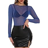 GUANYY Womens Long Sleeve Boat Neck Glitter Tops Sheer Sparkly Blouse Sexy See Through Layering Shirts